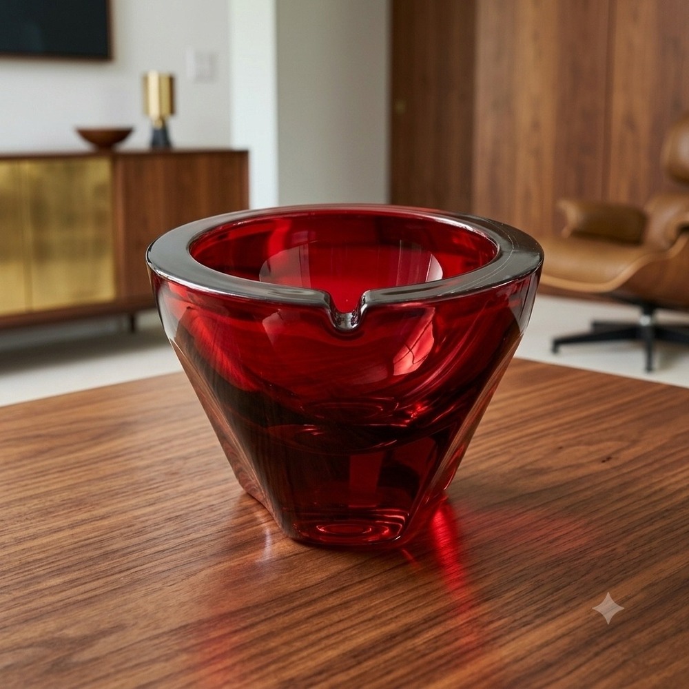 Vintage Viking Glass 7034 Ruby Red Curved Diamond Base Ashtray Atomic Orb Large